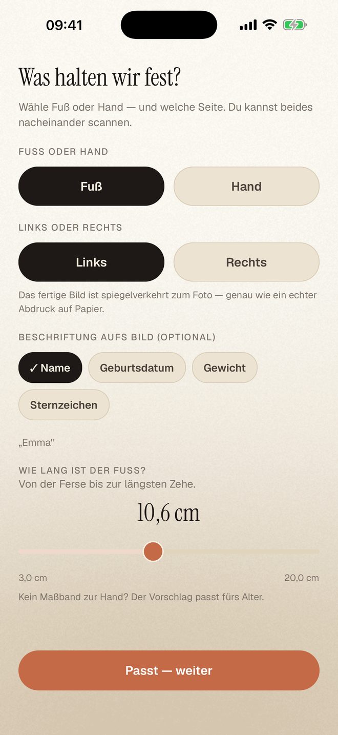 Auswahl von Fuß oder Hand, Seite und Beschriftung vor dem Scan